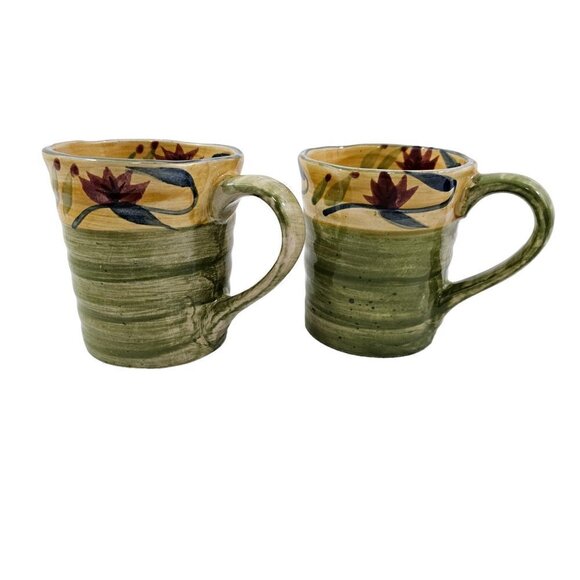 Pier 1 Cup ELIZABETH Hand Painted Stoneware Large 16 Oz Cups – Set of 2 - Picture 1 of 16